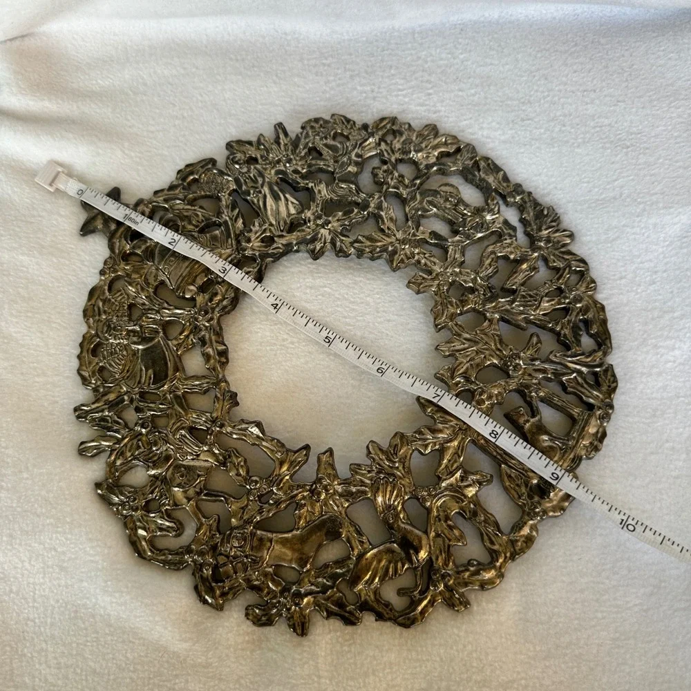 Vintage Silver Metal Christmas Wreath Wall Hanging Ornate Angel Bell Star Trivet